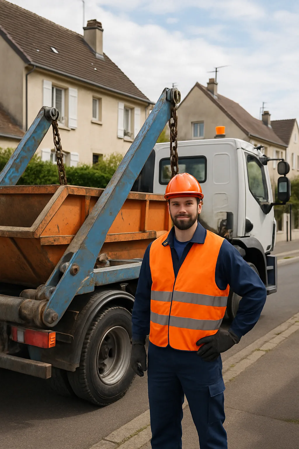 Professionnel de la gestion des déchets à côté d'un camion benne