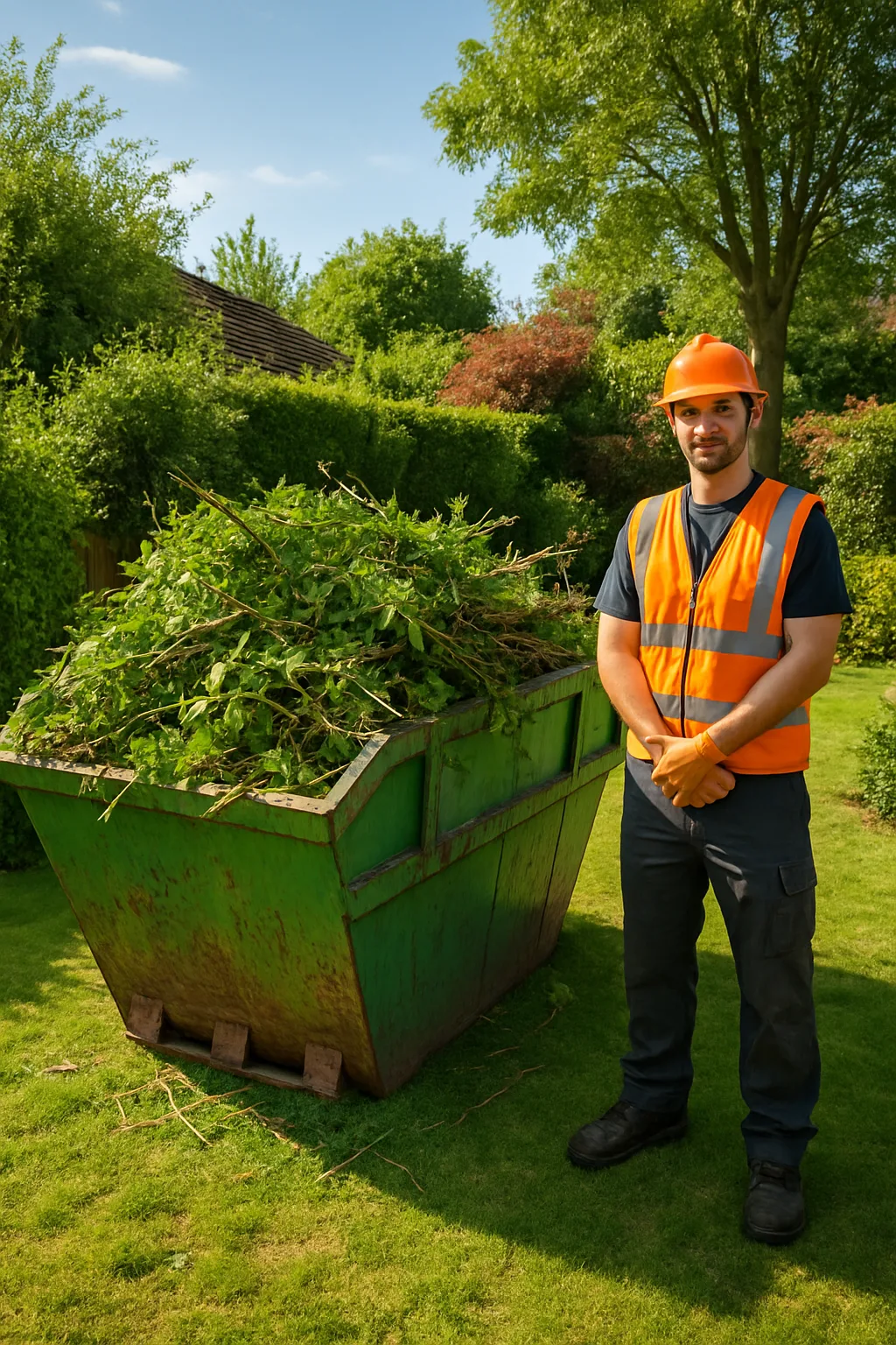 Location de benne déchets verts remplie de végétaux dans un jardin résidentiel