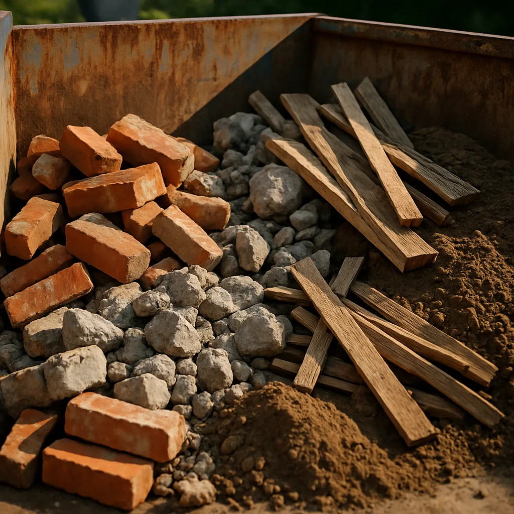 Tri des gravats, briques, terre et bois dans une benne de chantier