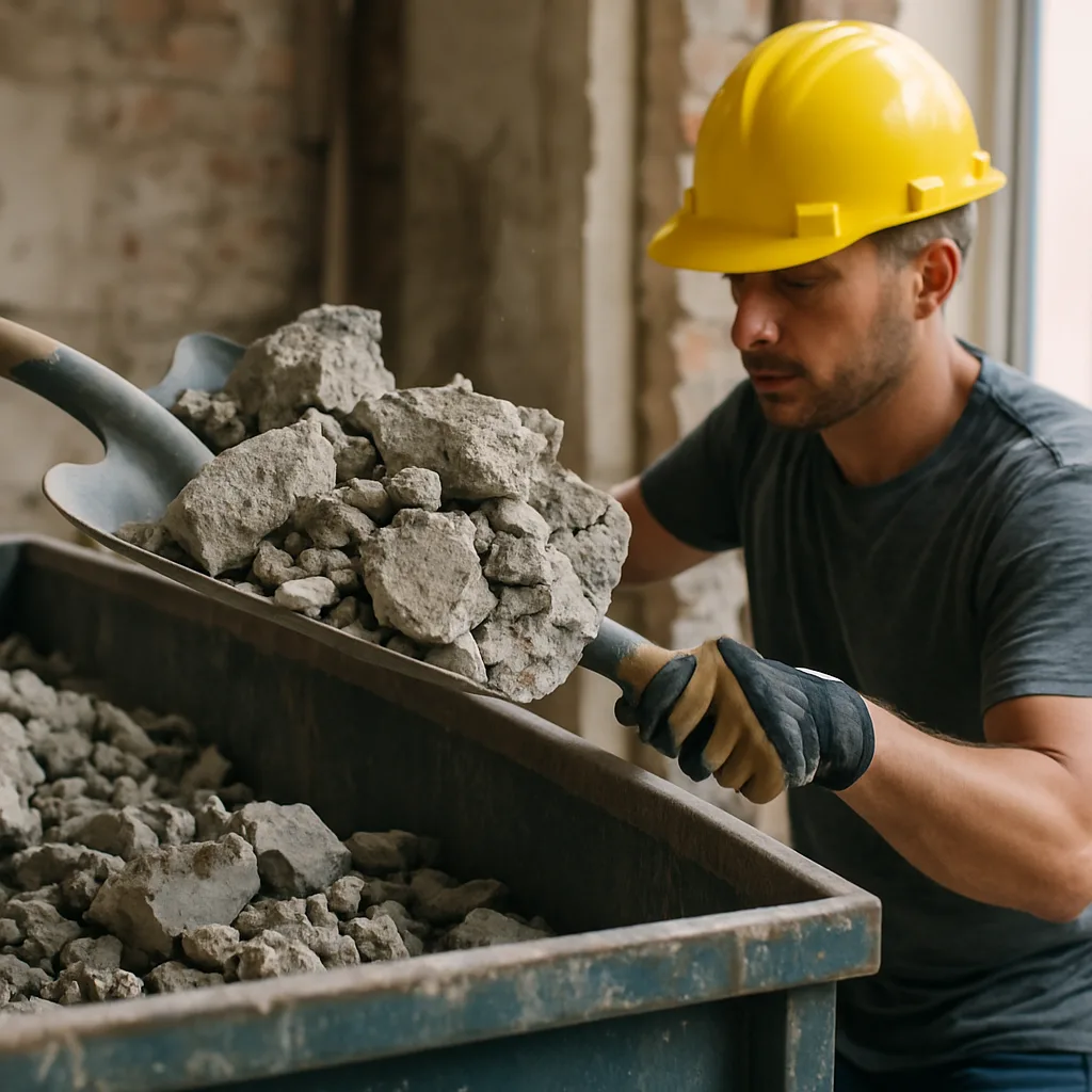 Chargement de gravats et débris de béton dans une benne de chantier