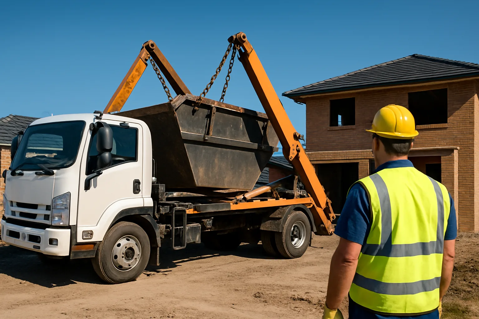 Camion benne livrant une benne tout venant sur un chantier de rénovation en France