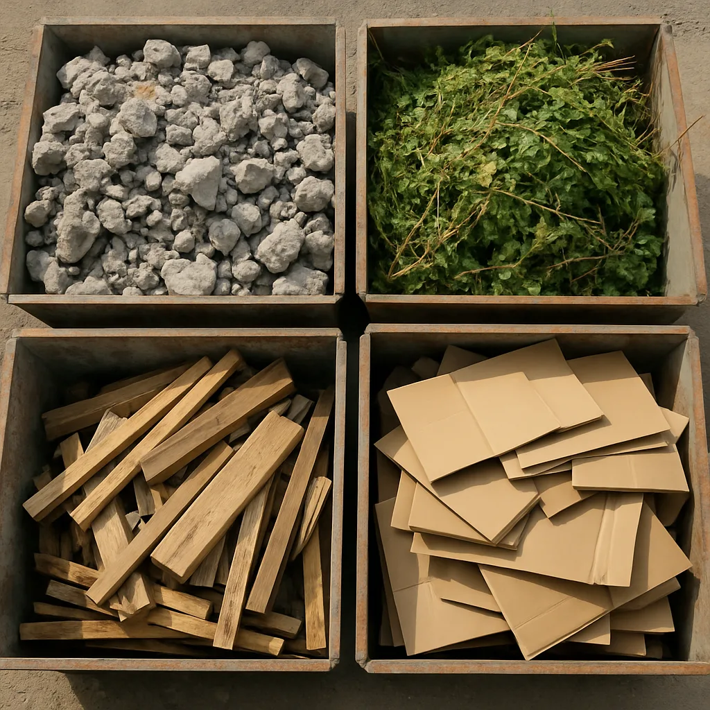 Tri des différents types de déchets de chantier dans des bennes séparées