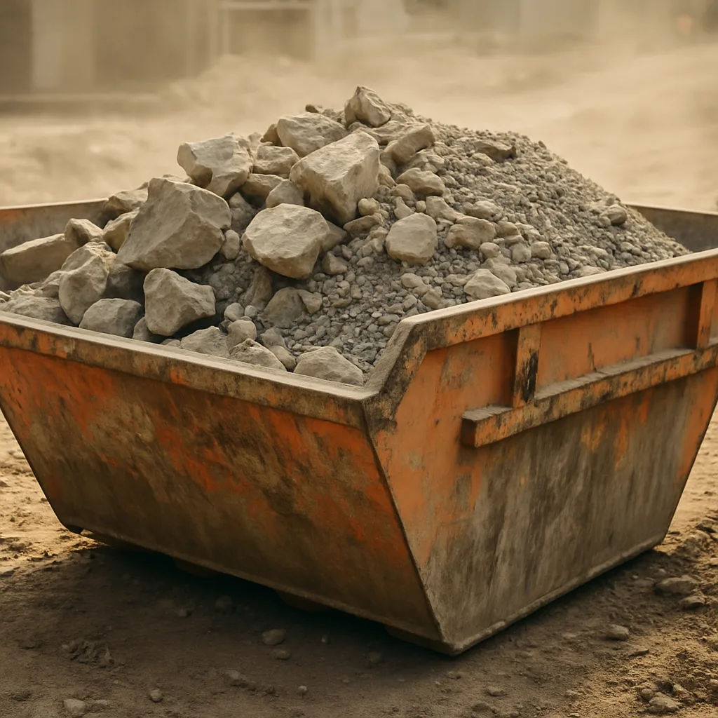 Benne à gravats remplie de béton et de débris de chantier