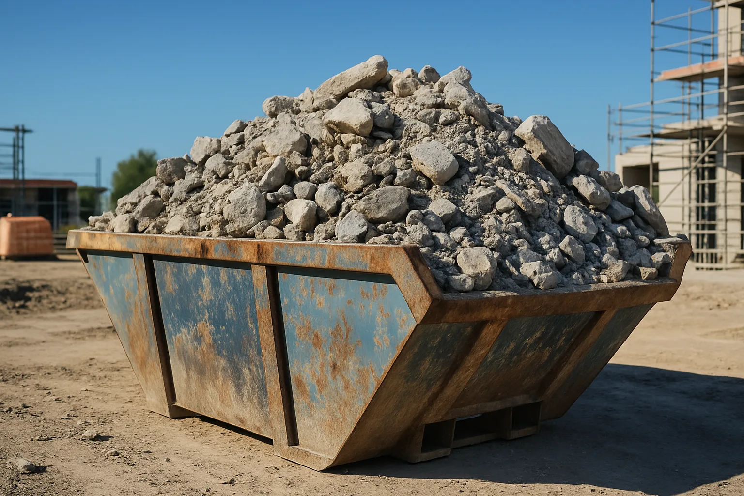 Benne à gravats remplie de déchets de chantier sur un chantier de rénovation en France