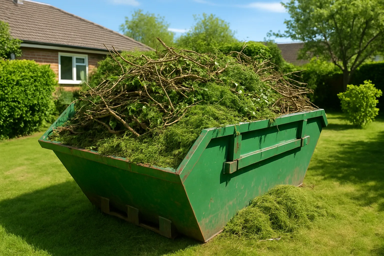 Benne de déchets verts remplie de branchages et tontes de pelouse dans un jardin