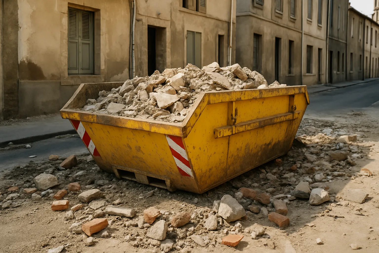 Benne à déchets de chantier posée sur la voie publique lors de travaux de rénovation