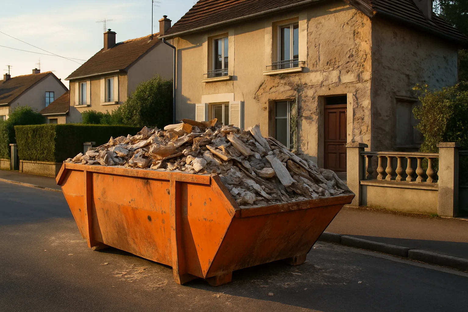 Benne à déchets orangée en location devant une maison en rénovation en France