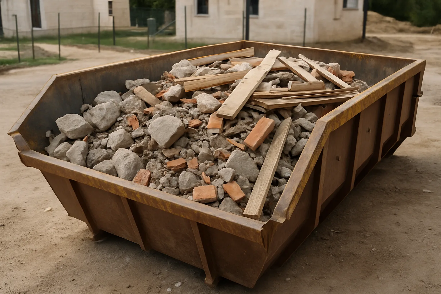 Benne de location remplie de gravats et matériaux de chantier